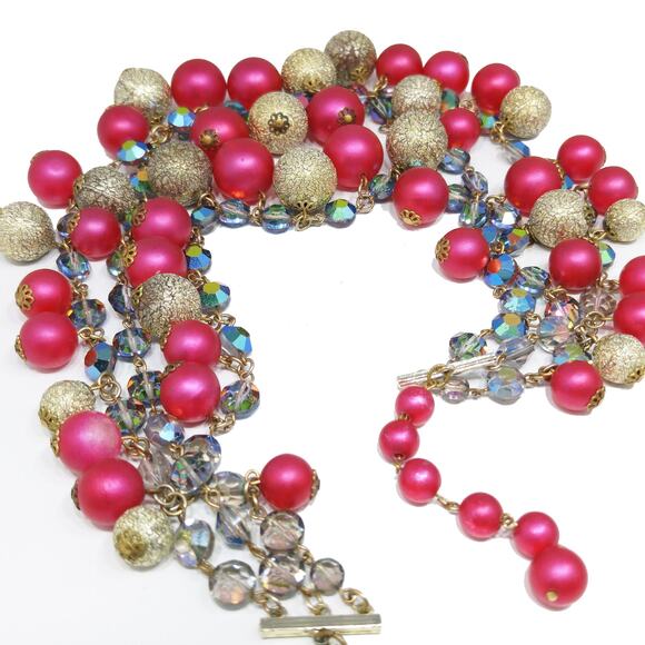 Vintage AB Crystals Red & Gold Beaded Necklace, Three Strands, 1960s - Picture 6 of 10